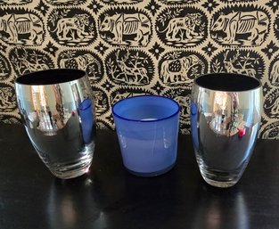 Blue 'stained' Blown Glass Candle & 2 Large Tumblers / Vases With Silver Mercury Glass Overlay