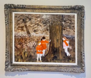 Large Painting Of Three Girls Playing In Woods Signed Lower Left 'Black' -  Unknown Origin