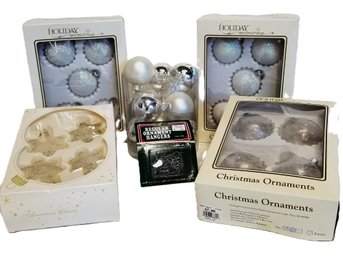 Mixed Selection Of White & Silver Sparkly Glass Tree Ornaments By Holiday Memories