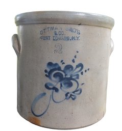 Antique Ottman Bros Fort Edward Ny 2 Gallon Blue Decorated Stoneware Crock