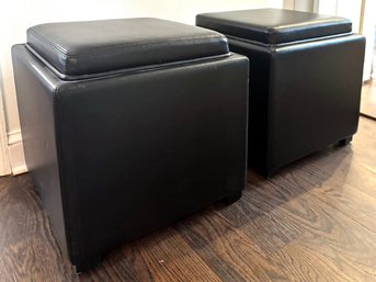 Pair Of Crate And Barrel Leather Storage Ottomans