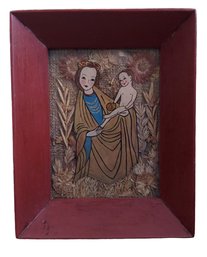 Antique 1918 DAROWSKA Polish Reverse Painting On Glass Mother & Child