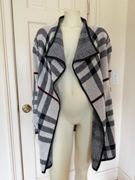 Papillon Black, Grey And Red Plaid Open Front Knitted Cardigan With Leather Trim