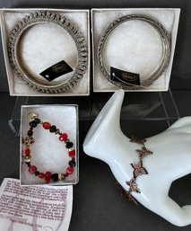 4 Signed Bracelets - 2 Monet Silver Tone W/tags, Anna Koplik Butterly, Diane Katzman Ruby Glass & Swarovski