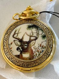 New Franklin Mint The Collector's Choice Pocket Watch 10 Point Buck With Chain (read Description)