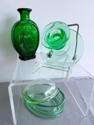 Lot Of 3 Green Glass Pieces- Covered Trinket Box, Uranium Glass Candleholder, DAR Decorative Bottle