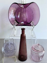 4 Pieces Amethyst Glass Lot- Pinch Crackle Bowl, Bottle, Mini Cookie Jar, Mini Clown Dish