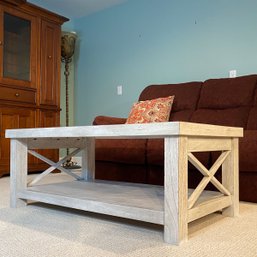 Pier 1 Coffee Table - Cross Brace End In A White Wash With Warm Tone Lapstrake Top