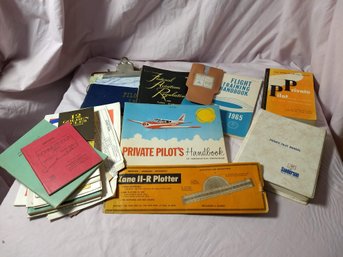 Vintage Collection Of Pilot Manuals, Measuring Tools, And Logs