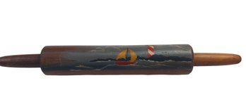 Vintage Hand Painted Folk Art Wooden Rolling Pin With Lighthouse Ocean Scene