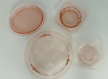 Pink Depression Glass Lot # 2 - Jeannette Sunflower Footed Cake Platter 3 Assorted Small Plates No Issues