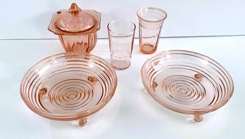 Pink Depression Glass Lot: 2 'Manhattan' 6.5' Footed Bowls, 2 Juice Glasses, Sugar Bowl & Lid