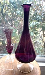 Tall Amethyst Decanter Clear Base (no Stopper) & 7 Point Bud Vase (clear Base)