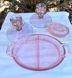 4 Piece Pink Depression Glass Lot: Pair Of Candlestick Holders Covered Trinket Box, Divided Dish With Handles