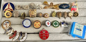 Large Lot Of Pinbacks, Tie Tacks, Pins - WW2, Masonic, Civil Air Patrol,  8 K Gold Methodist Badge, More