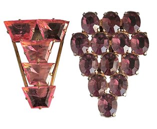 1930's Art Deco Lot Of 2 Glass Pronged  Rhinestone Dress Clips - Pink 2' And Purple 2.5'