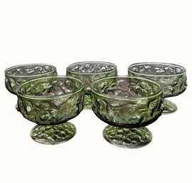 Set Of 5 Achor Hocking Milano Green Crinkle Glass Champagne Or Footed Sherbet Dishes