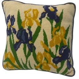 Vintage Needlepoint Zipper Pillow -Yellow & Purple Irises