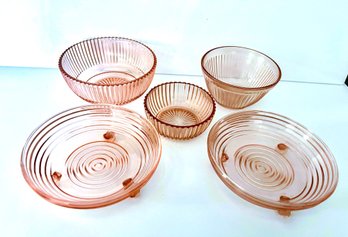 Vtg Pink Depression Glass 5 Bowl Lot Two Are Footed