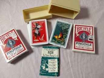 Vintage 1954 KEM Playing Cards In Plastic Case, One Deck Never Opened And 2 Unused Pinochle Card Decks