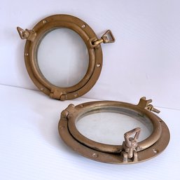 Pair Of Vintage Brass And Glass 7 Inch Boat Portholes With Double Dog Closure