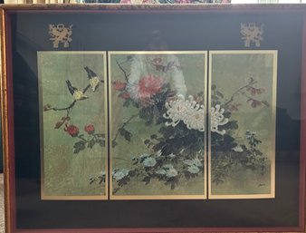 Signed Floral Asian 3 Panel Framed Print 42 In. X 32 In.