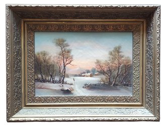 Antique Winter Landscape With Figures Oil Painting In Great Deep Wood Gesso Frame