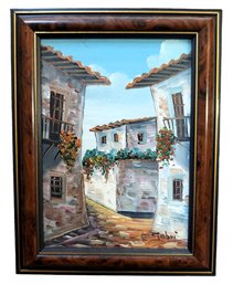 Well Done Signed Mediterranean Village Modern Oil On Board Painting