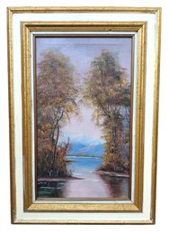 Vintage Mid Century River Landscape With Mountains Oil Painting