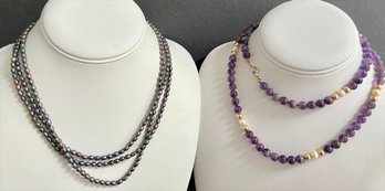VTG Amethyst & Cultured Pearl Necklace GF Clasp & Spacers -Dyed Black Freshwater 3 Strand Pearl Necklace