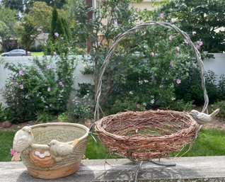 Ceramic Planter With Bird Motif & Twig Basket With Metal Base, Handle & Bird