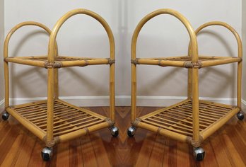 Vintage Pair Tiered Bamboo Carts On Casters