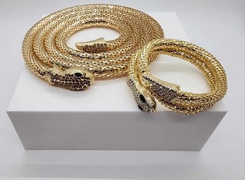 Austrian Crystal, Resin Snake Necklace & Wrap Bracelet In Gold Tone