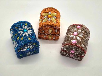 Three Beaded Trinket Boxes In Various Colors