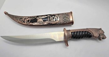 Outdoor Hunting Knife With Stainless Steel Blade, Scabbard Handle With Bear Head Pommel