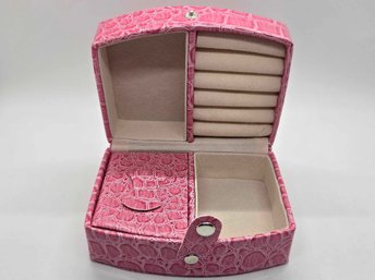 Faux Pink Croc Skin Leather Travel Jewelry Box With Button Clasp