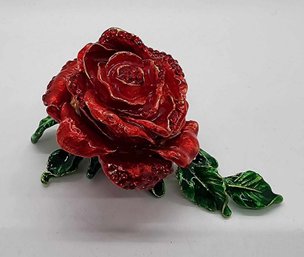 Red Austrian Crystal, Enameled Rose Trinket Box With Magnet