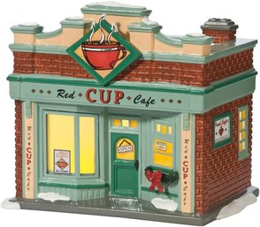 2010 Department 56 Red Cup Cafe Christmas Snow Village House Lighted With Box - Retired