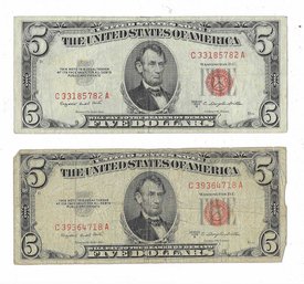 Pair 1953 B Red Seal Five Dollar Bills
