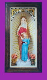 Antique Religious Catholic Chalkware Statues In Shadowbox With Reverse Painted Glass