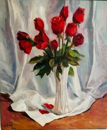 Unframed Roses Oil Painting On Canvas Signed Herr 2005 Measures 24' X 20'