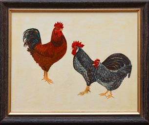 Charming Original Painting Of 3 Chickens By Artist Stanley Bekey 1999