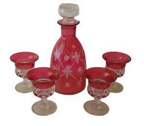 Vintage Cranberry Ruby Glass Decanter Set With Shot Glasses Cordials