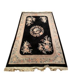 5x9 Heavy Pile Fringed Rug - Asian Inspired With Rich Black Famille Rose Medallions Field Floral Border