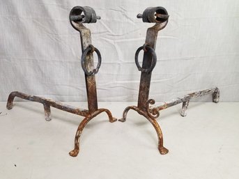 Antique Colonial New England Large Fireplace Andirons Wrought Iron