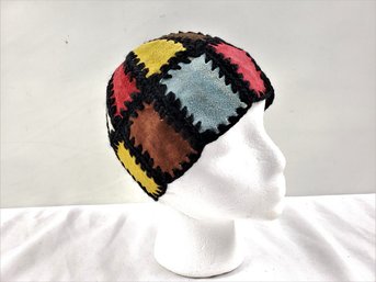 Vintage Boho Suede Cap 1960s Patchwork Hippie Hat Multicolor New
