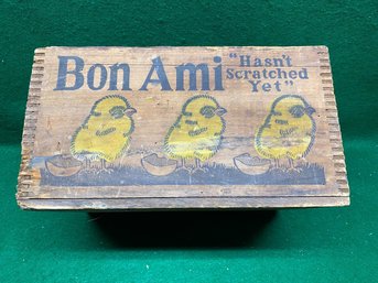 Vintage Bon Ami Ink Stamped Wood Advertising Box / Crate With Yellow Chicks. 'Hasn't Scratched Yet'