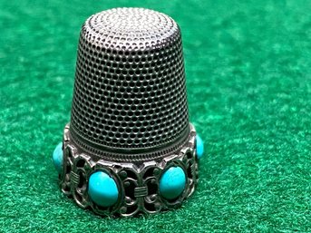 ANTIQUE SILVER THIMBLE WITH SET TURQUOISE. MARKED 008.