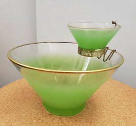 3 Pc Vintage Blendo Green & Clear Glass Chip N Dip Bowl Set Gold Rim & Bracket