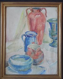 Vintage 1966 Original Watercolor Of Pottery Vases And Jugs In Gold Frame Under Glass